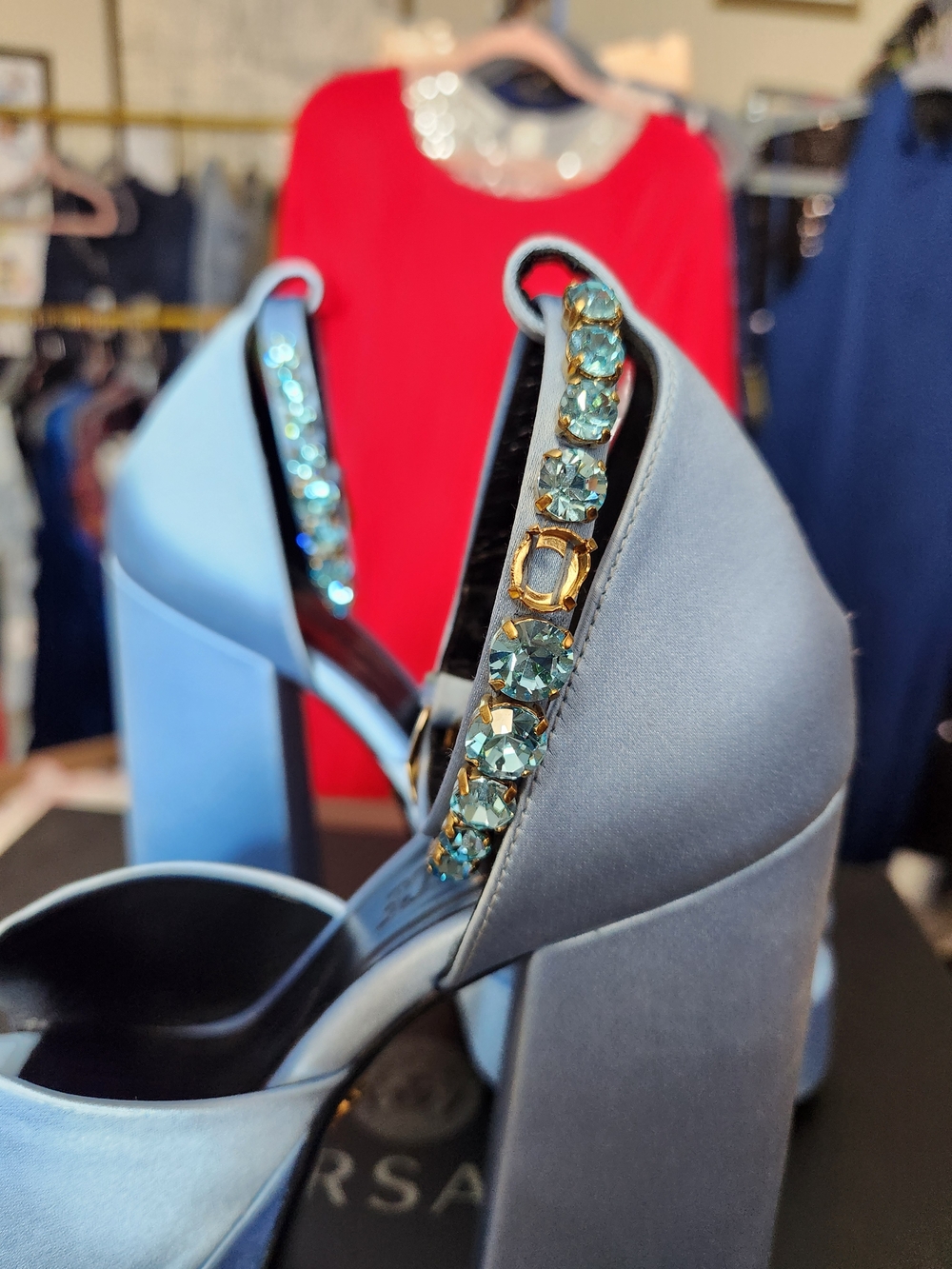 Versace Light Blue Satin Platform Sandals with Gold Medusa Charm - Picture 7 of 9